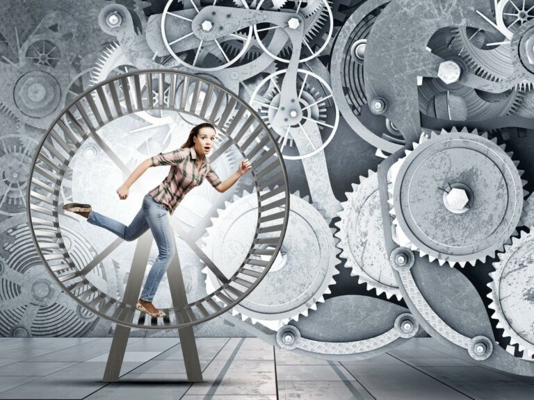 Woman in a spinning wheel with gears in the background wondering How to move forward.