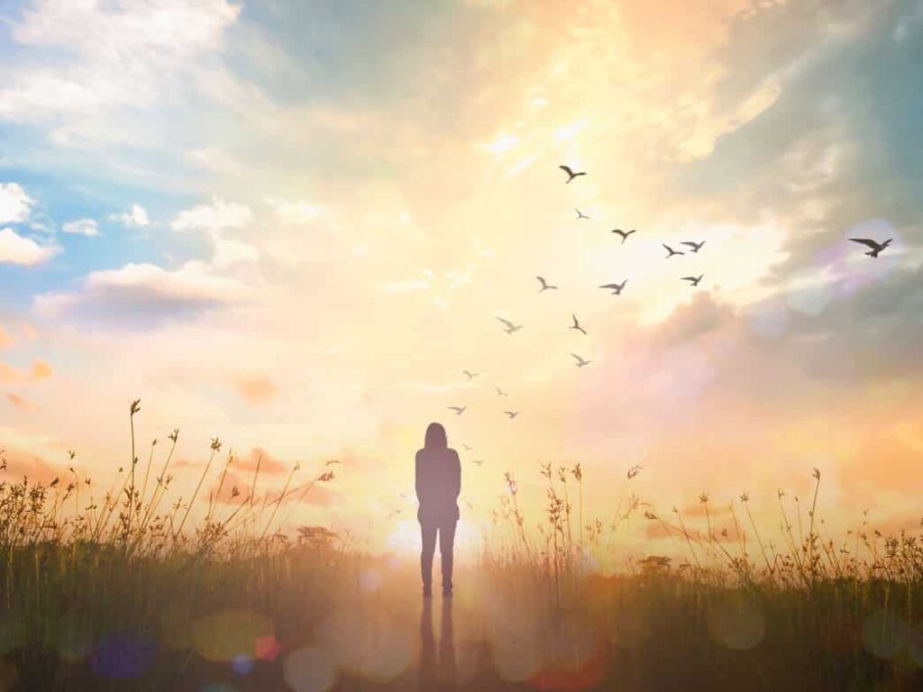Person standing outside in a beautiful sunset representing The path to wellness.