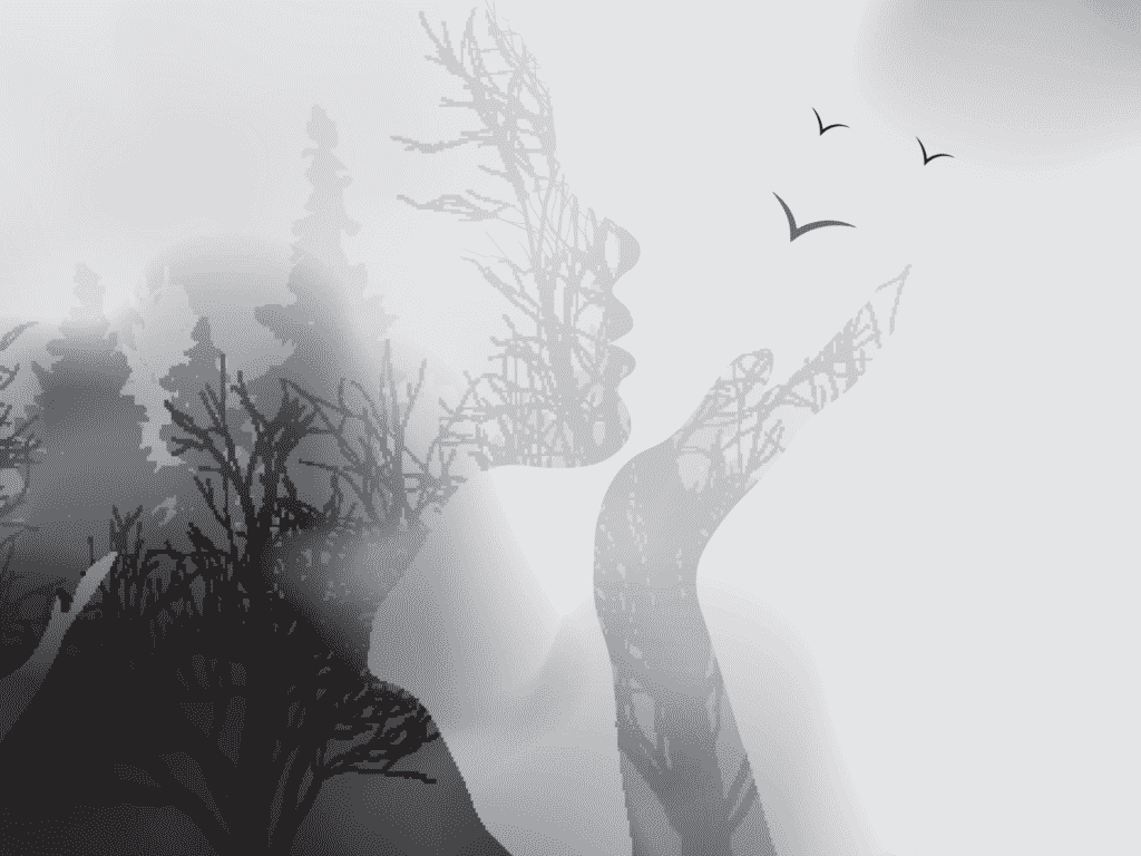 Silhouette of a person, birds flying away. Shadow Work