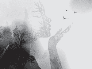 Silhouette of a person, birds flying away. Shadow Work