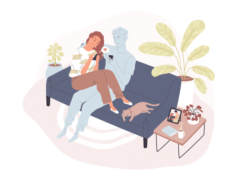 Woman on couch with cat and sitting on the invisible shape of a man. Long Distance Relationship Questions