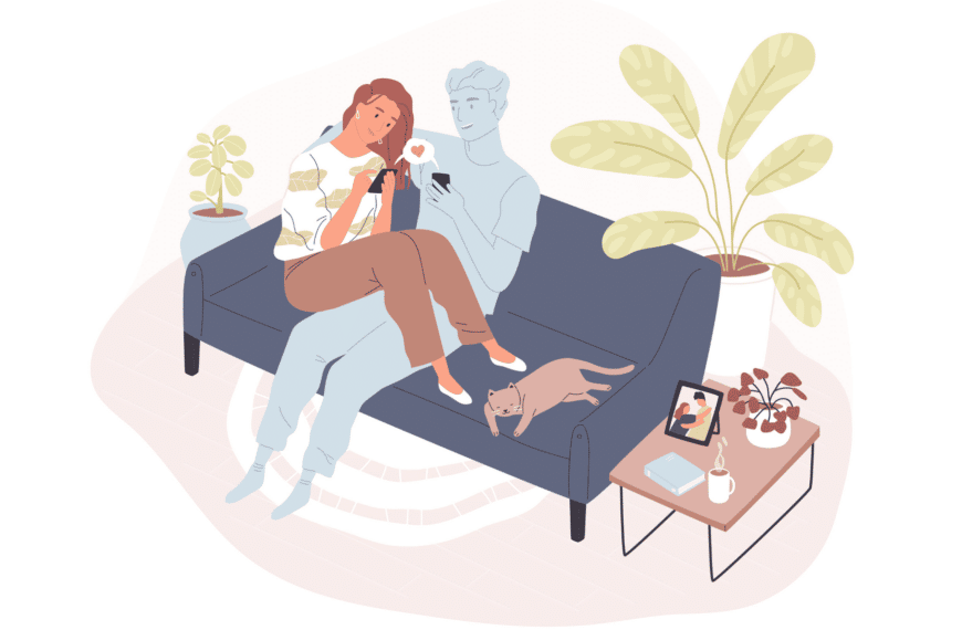 Woman on couch with cat and sitting on the invisible shape of a man. Long Distance Relationship Questions