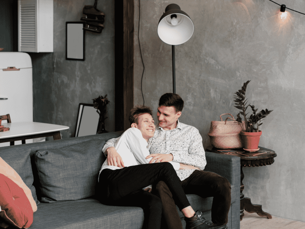 Gay Couple on Couch representing Gay and Lesbian Relationship Advice