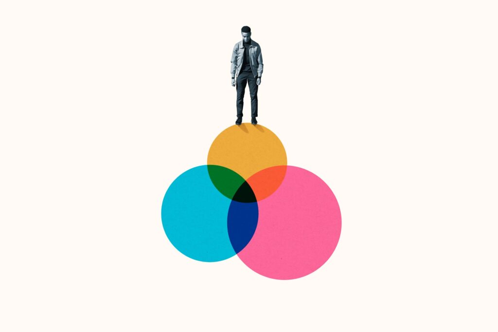 Illustration of man standing on intersecting circles, representing different career coach cost.