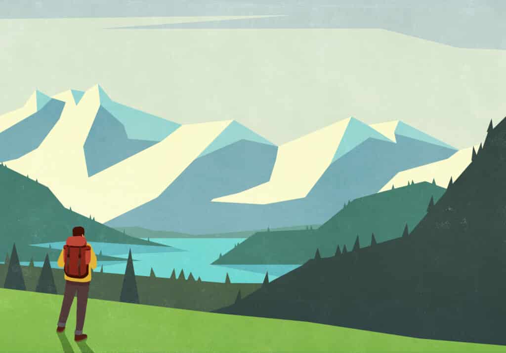 Illustration of male hiker considering difference between coaching vs. counseling