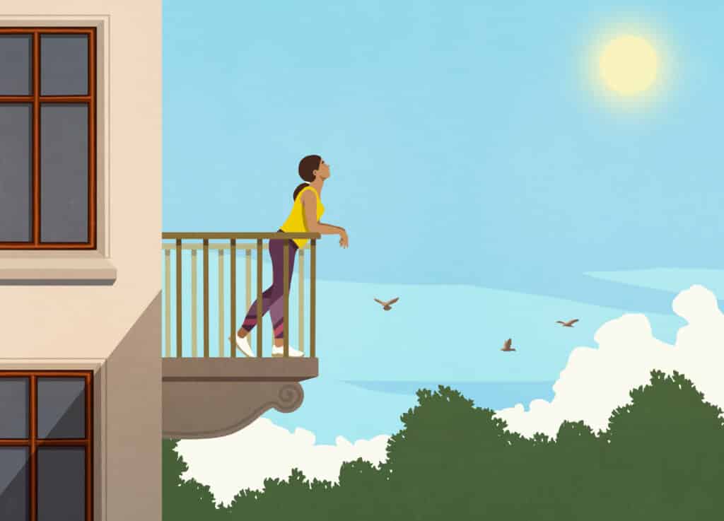 Illustration of woman on balcony wondering, “Do I need therapy?”