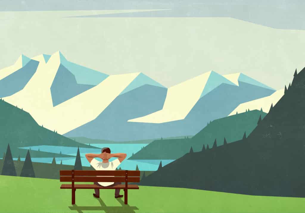 Man on bench with mountain view, considering therapy questions.