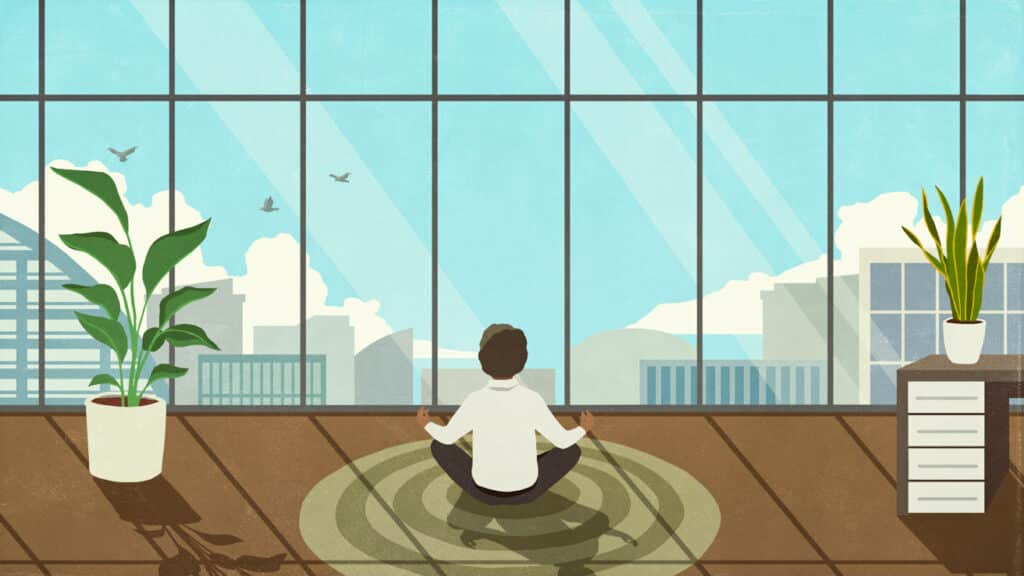 Image of man meditating in front of window, to represent therapy works.