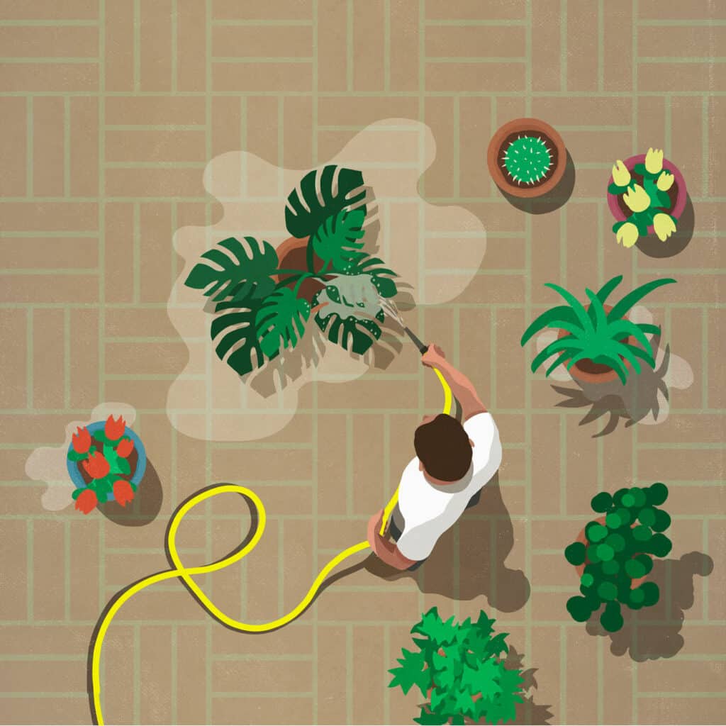 Illustration of man watering plants, wondering, “what is cognitive behavioral therapy?”