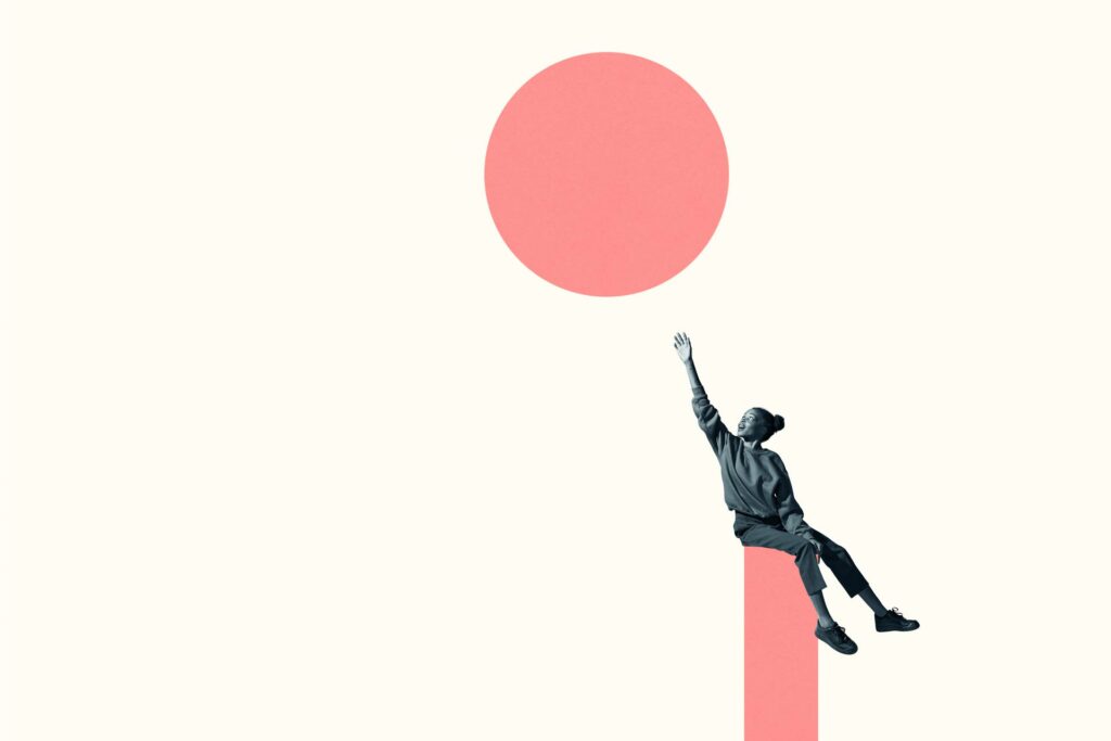 Illustration of young woman reaching up for ball representing career path advancement