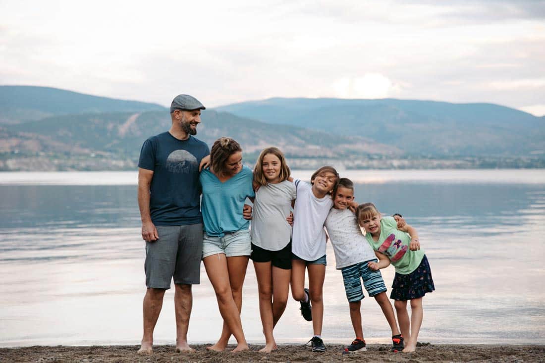 Family at lake with mountains