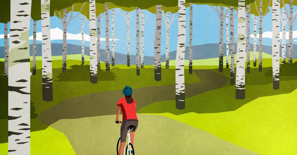 Illustration of woman biking through forest path, meant to represent effective evidence based practice, evidence based therapy, evidence based couples counseling.