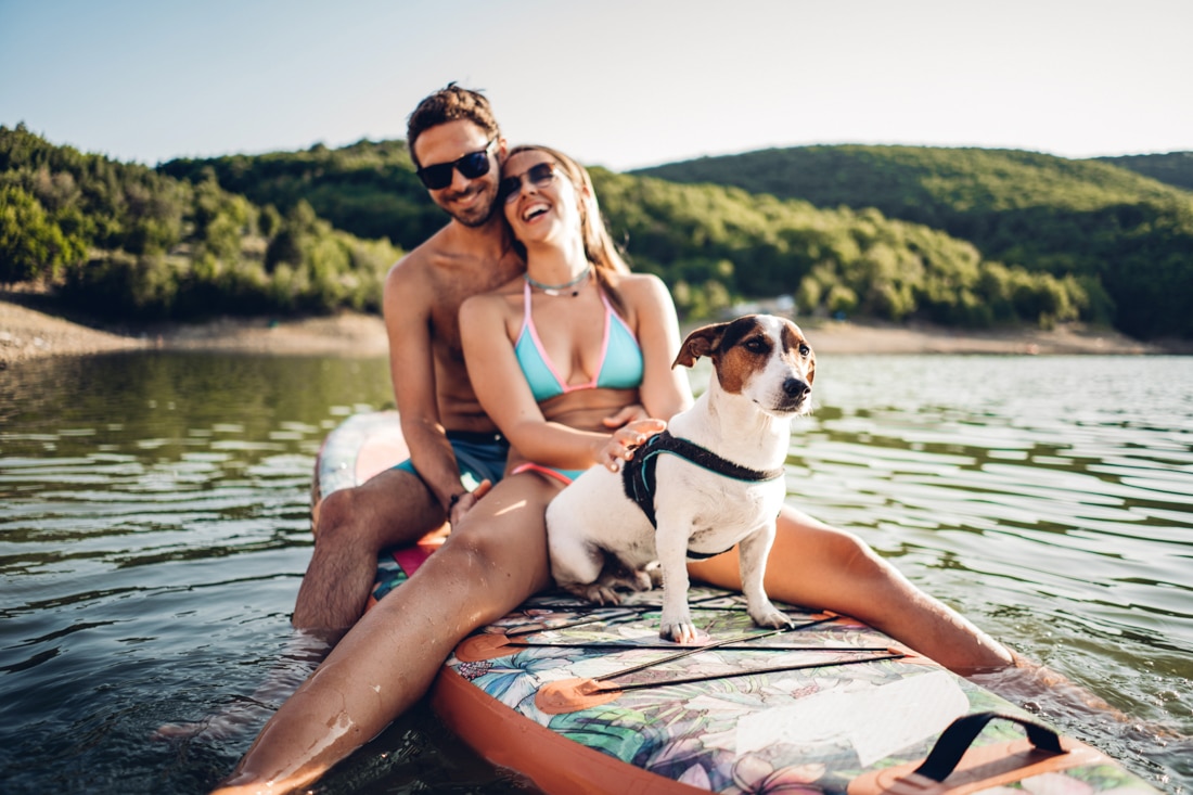 Cute young couple paddle boarding, representing pre engagement counseling