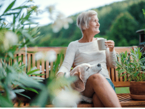 A woman relaxing outside using her senses to be more present
