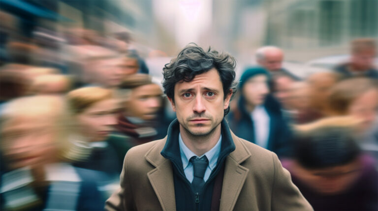 A man stands in focus in a crowd while everyone around him is blurred representing how to heal avoidant attachment