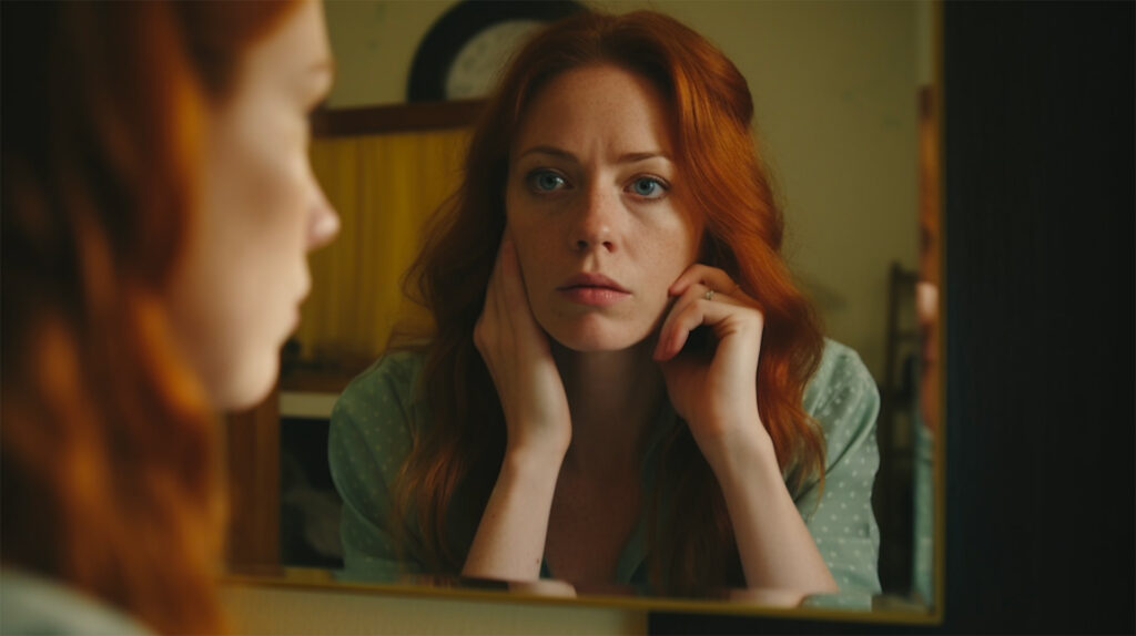 A woman looks at her face in the mirror representing the hidden signs of insecurity. How insecure are you?