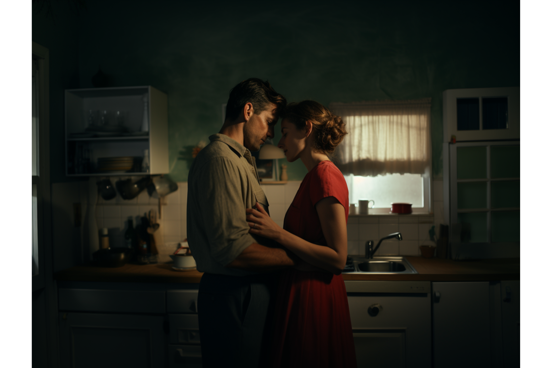 A couple shares a tender moment in the kitchen representing how to be more emotionally available in relationships