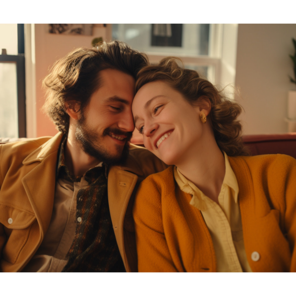 A couple snuggles on the couch, representing how to overcome fear of intimacy