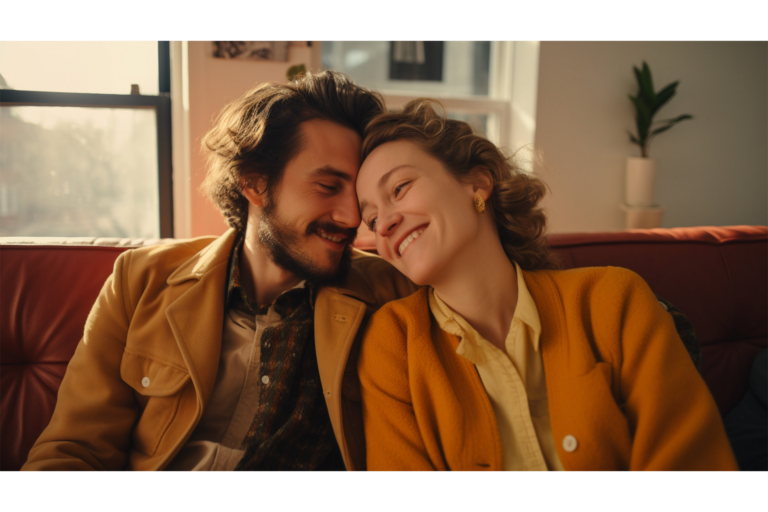 A couple snuggles on the couch, representing how to overcome fear of intimacy
