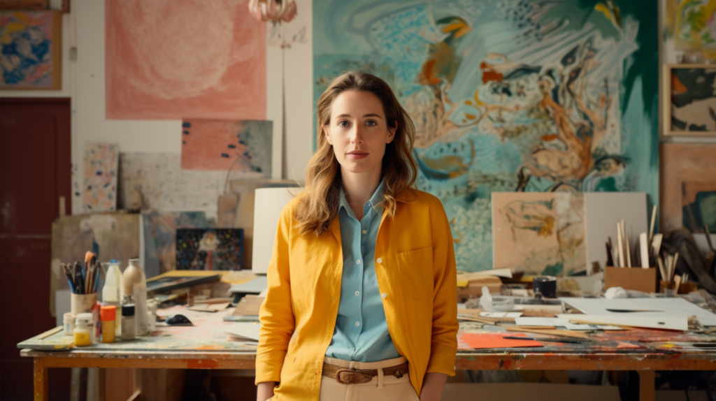 A woman stands in front of paintings in her art studio representing professional growth is personal growth