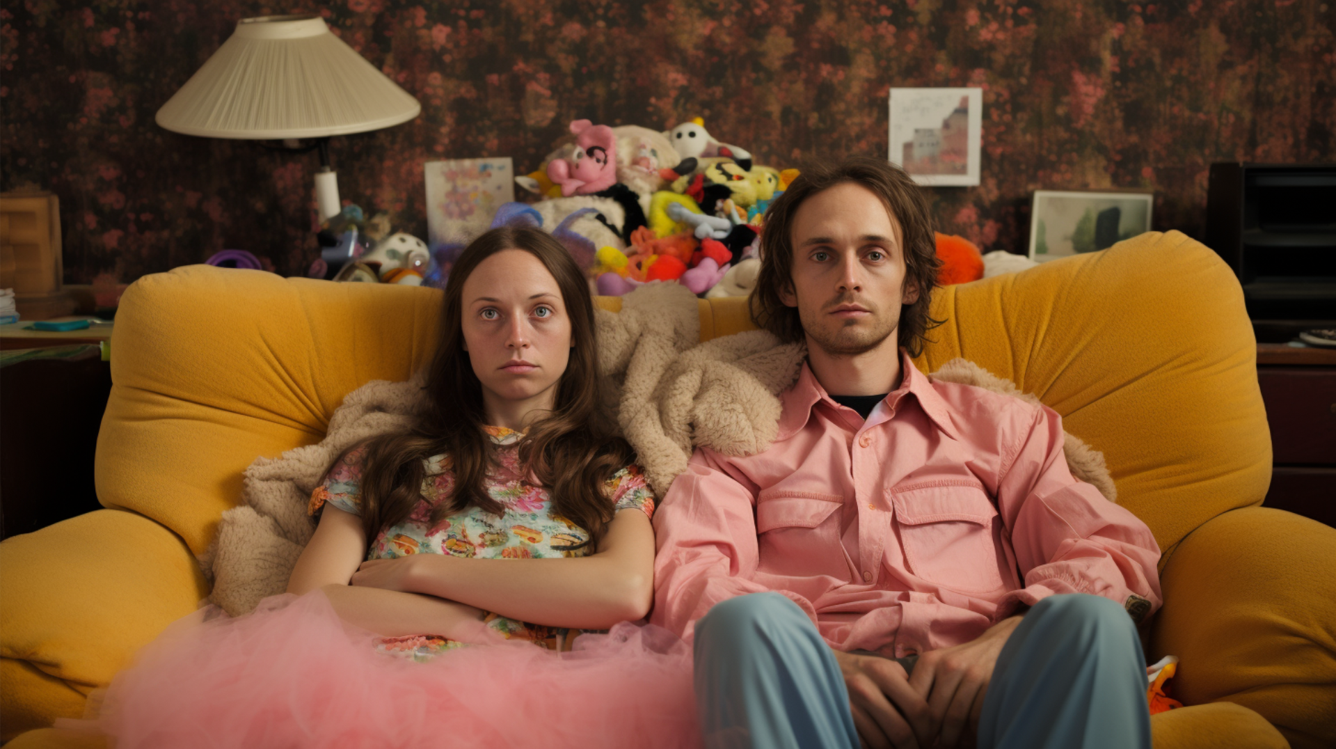 A couple sits on the couch in a chaotic living room, representing the stages of a dying marriage.