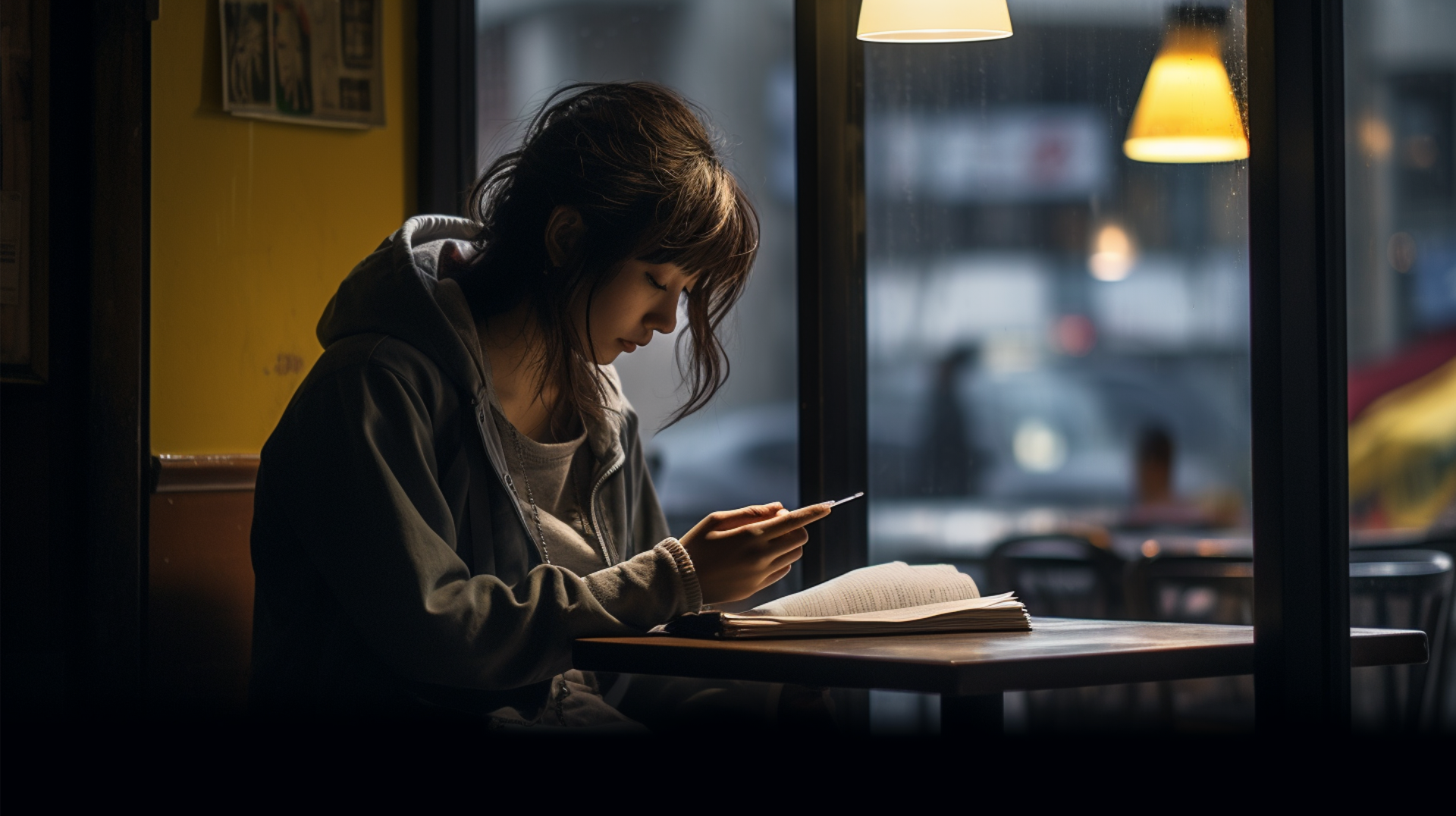 A woman sits at a table on a rainy evening looking down at her phone representing trauma bond withdrawal symptoms