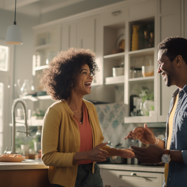 A couple laughs in the kitchen representing positivity in relationships