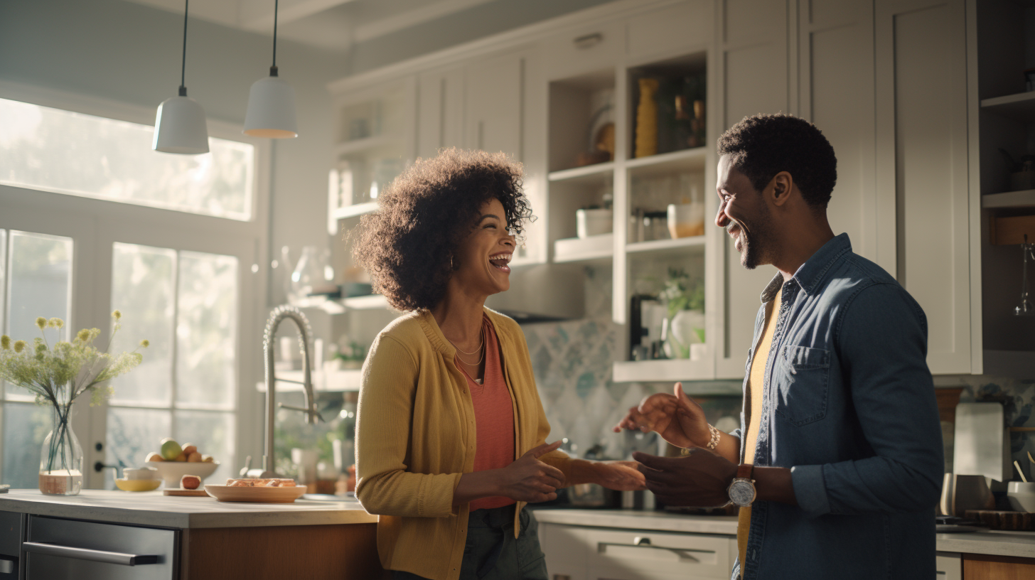 A couple laughs in the kitchen representing positivity in relationships