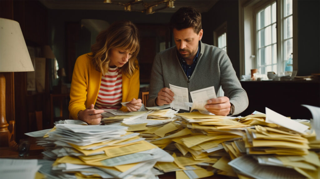 A couple sorts through a large stack of bills together representing money issues in marriage