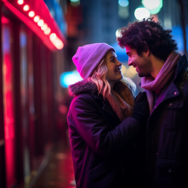 A couple shows affection on a city street near neon lights representing how to find love in a hookup culture