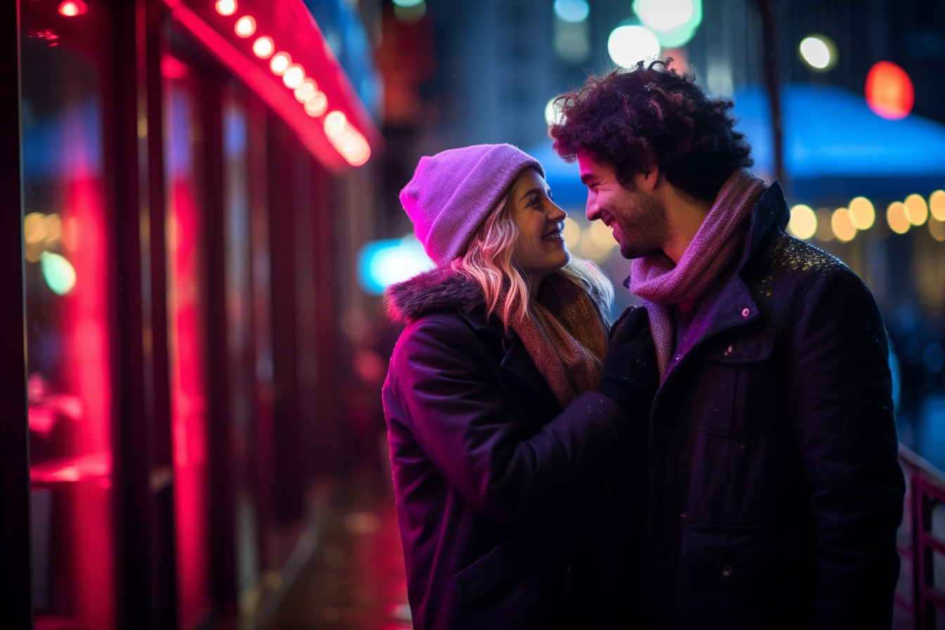 A couple shows affection on a city street near neon lights representing how to find love in a hookup culture