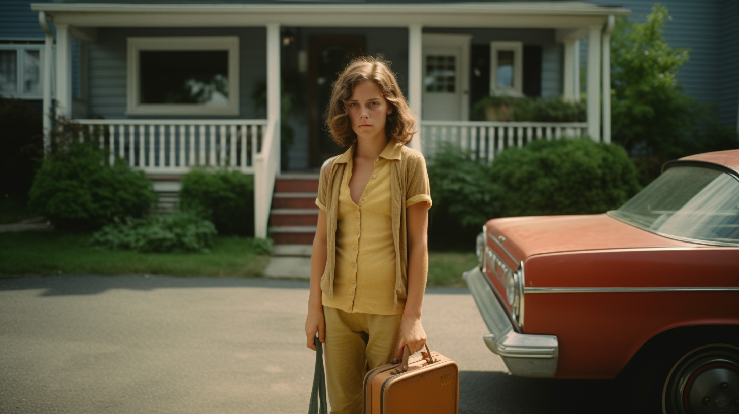 A woman stands outside a house holding a suitcase, representing I hate being a mom and want to leave.