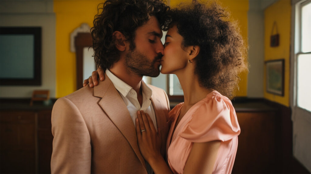 A man and a woman lean into each other and kiss representing healing an attachment wound.