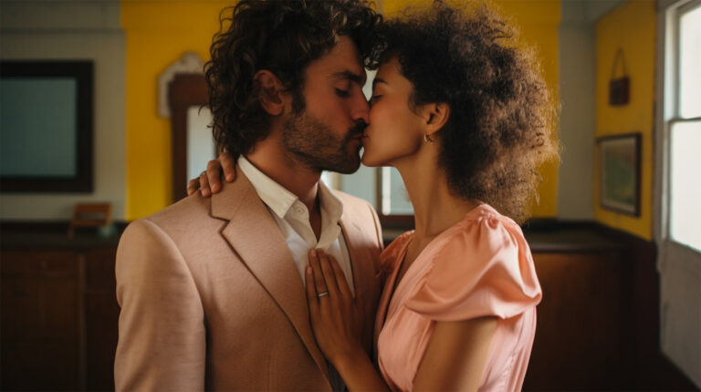 A man and a woman lean into each other and kiss representing healing an attachment wound.