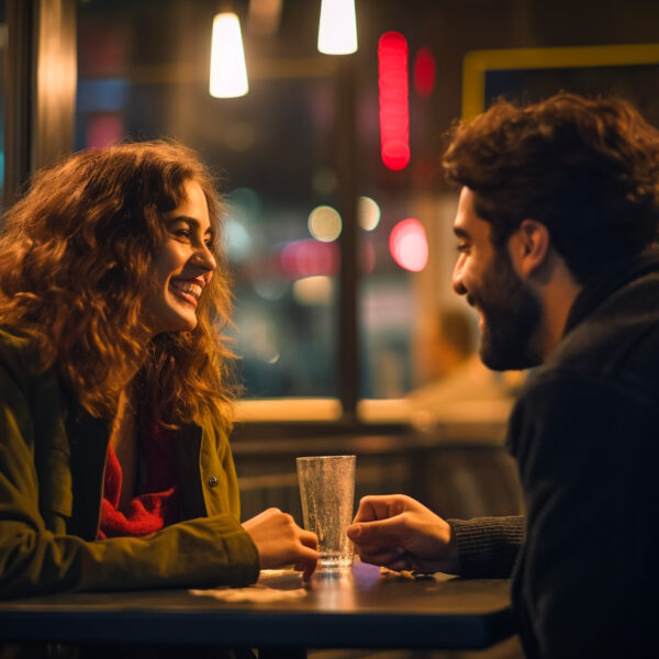 A man and a woman laugh over drinks representing first date questions