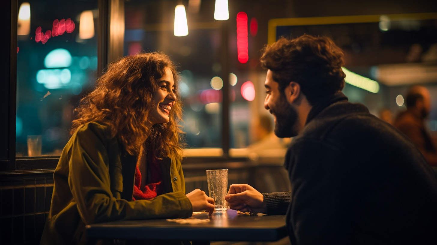 A man and a woman laugh over drinks representing first date questions