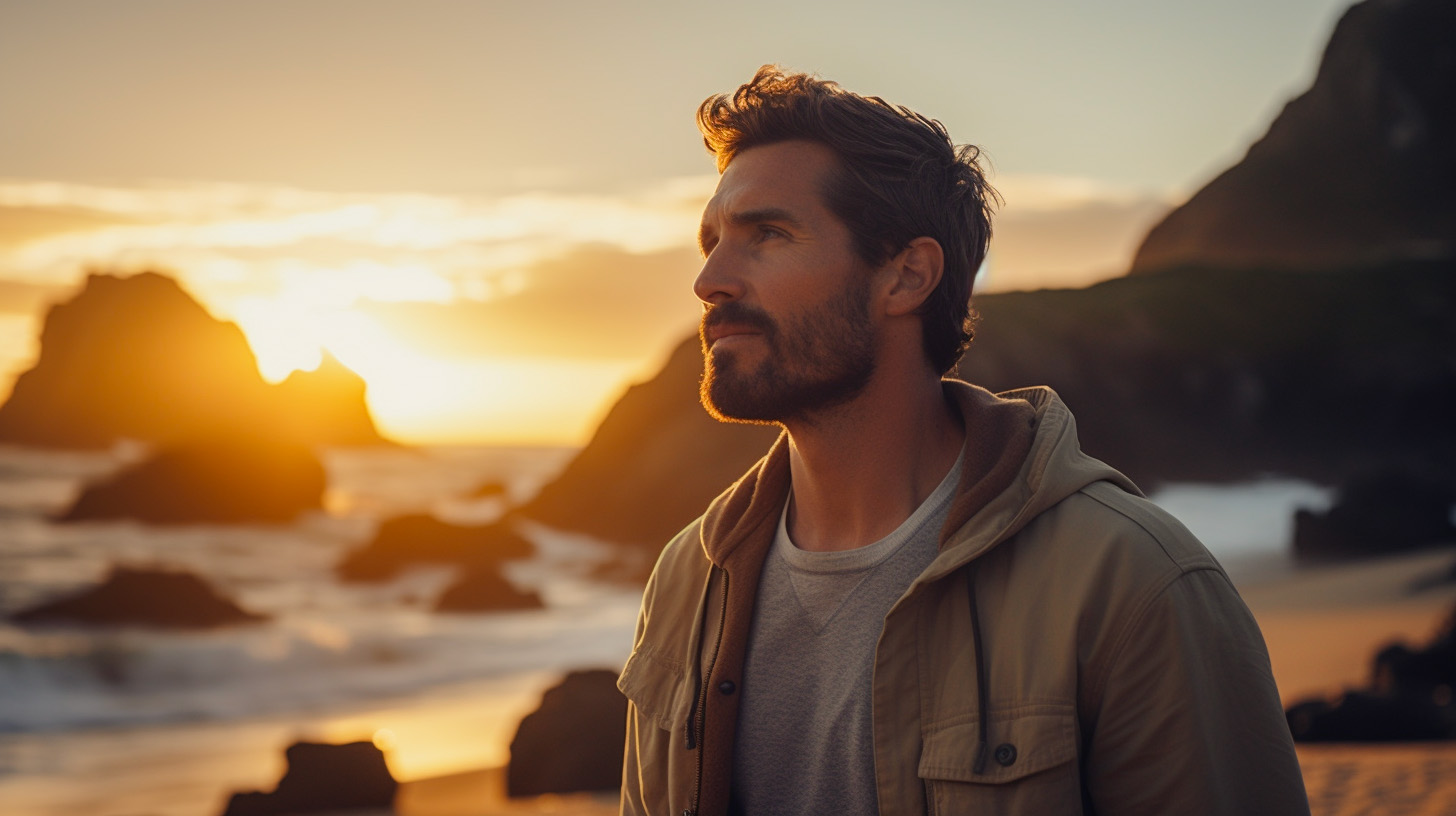 A man stands on the beach as the sun sets over the water representing the 7 stages of emotional healing