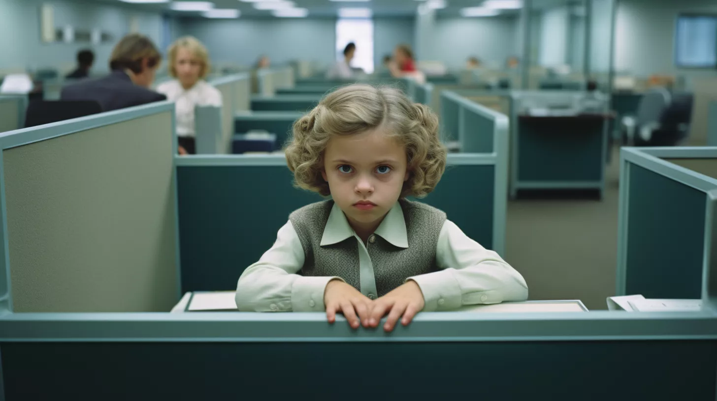 A child wearing office attire stands in a cubicle in an office. My boss treats me differently than others.