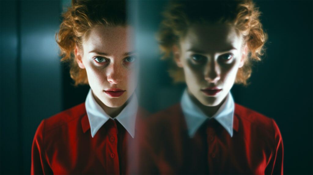 A redheaded girl looks into the camera with determination. Her reflection can be seen right next to her representing overcoming the fear of not being good enough.
