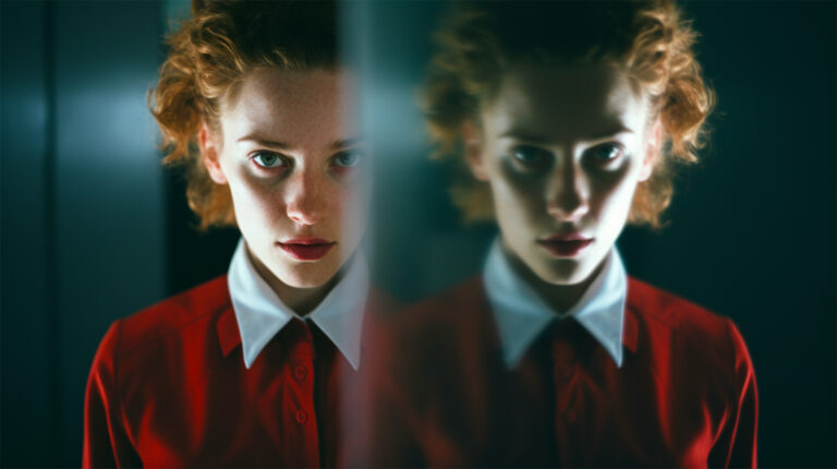 A redheaded girl looks into the camera with determination. Her reflection can be seen right next to her representing overcoming the fear of not being good enough.