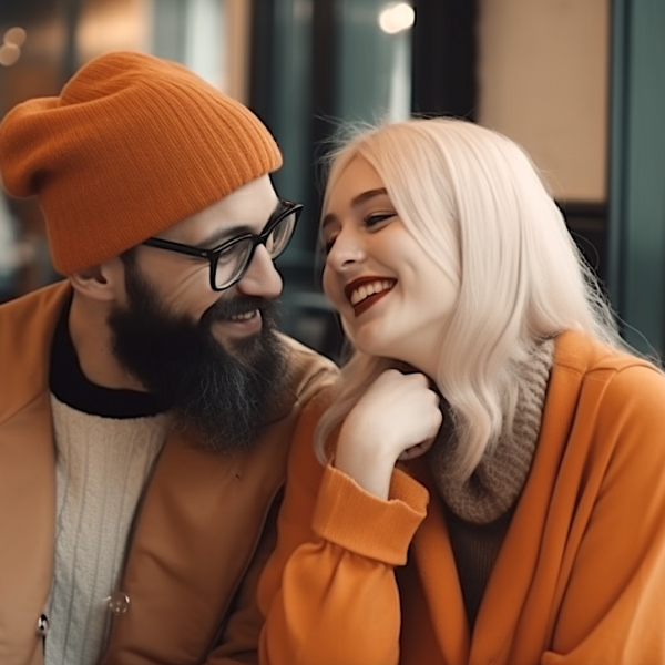 A man and woman sit in a cafe on a date laughing depicting green flags in dating.