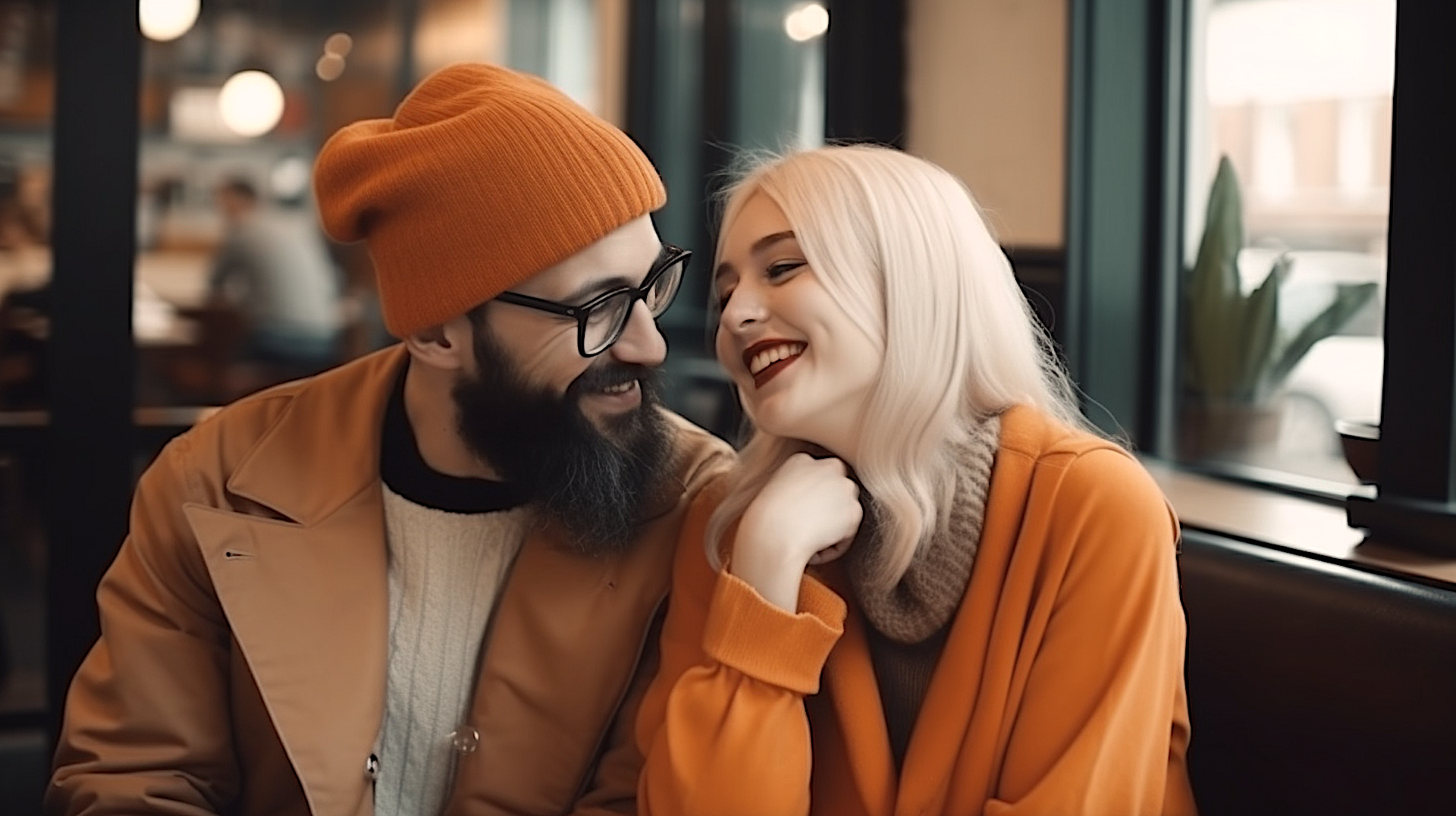 A man and woman sit in a cafe on a date laughing depicting green flags in dating.