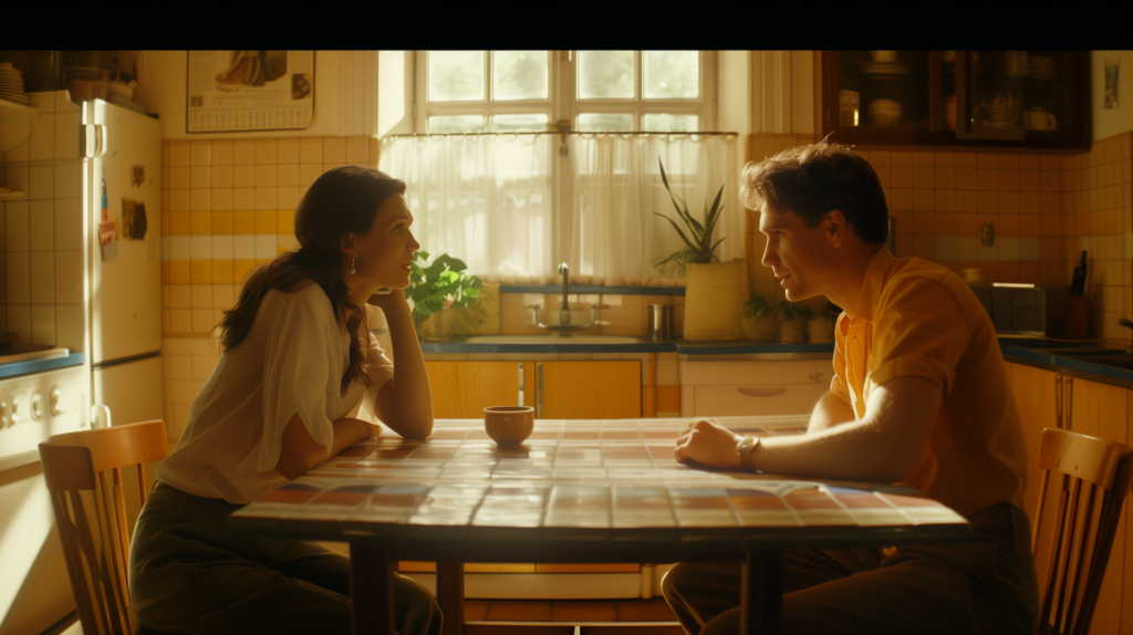 A man and a woman sit at a table having a difficult conversation representing how to heal after infidelity.