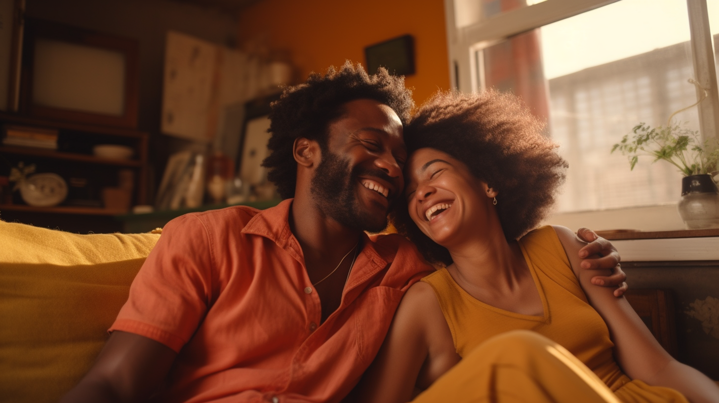 A couple sits on the couch cuddling and smiling representing intimate questions to ask your partner