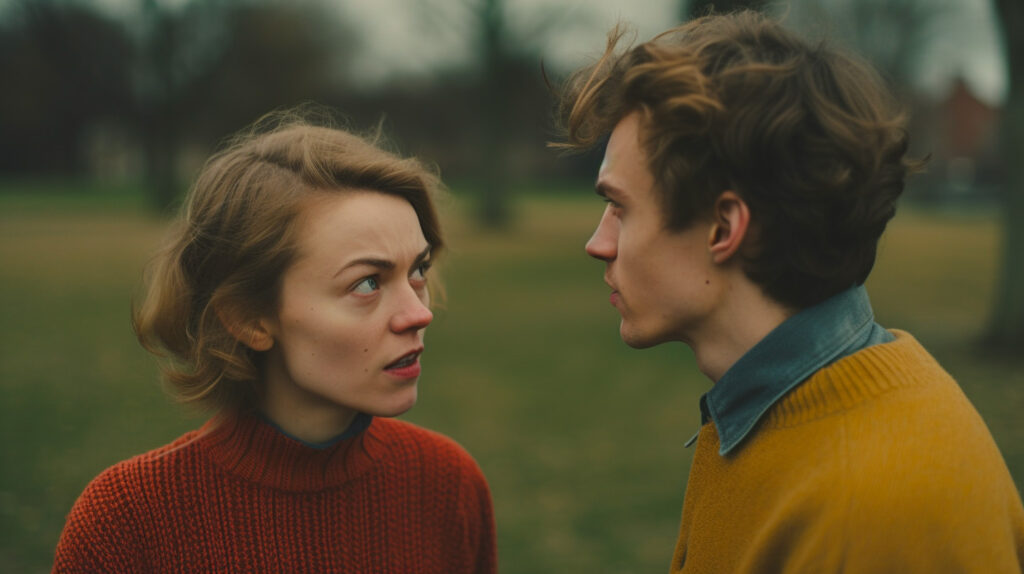 A couple has a tense conversation representing what happens when relationships are in distress