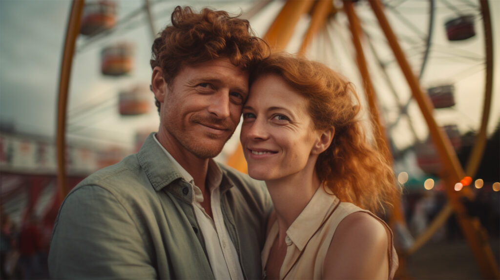 A man and a woman hug each other at a carnival representing romantic date ideas from a couples counselor.