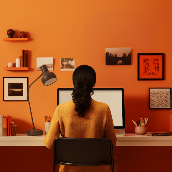 A therapist sits at her desk on her laptop representing how to stop thinking about your therapy clients.