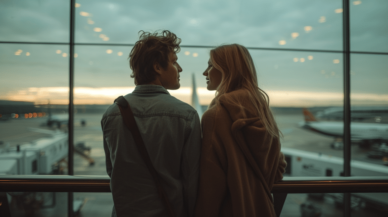 A man and a woman sit at an airport together look longingly at each other representing what kills long-distance relationships.