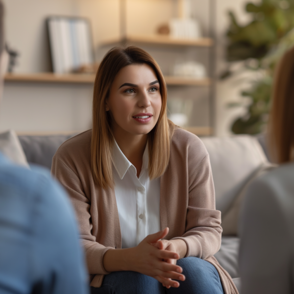 A therapist sits across from a couple in her office depicting setting boundaries as a therapist.
