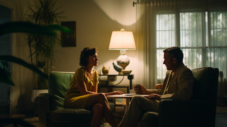 A couple sit in a living room having a serious conversation depciting how to be mroe assertive in relationships.